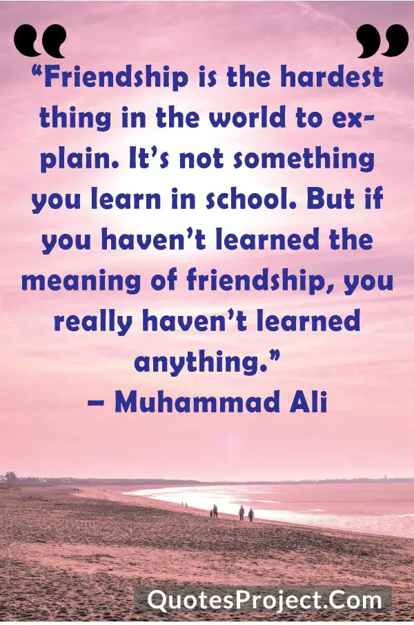 “Friendship is the hardest thing in the world to explain. It’s not something you learn in school. But if you haven’t learned the meaning of friendship, you really haven’t learned anything.”
– Muhammad Ali
friendship quotes and sayings