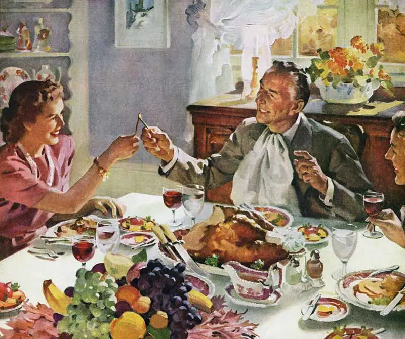 family having thanksgiving dinner vintage image